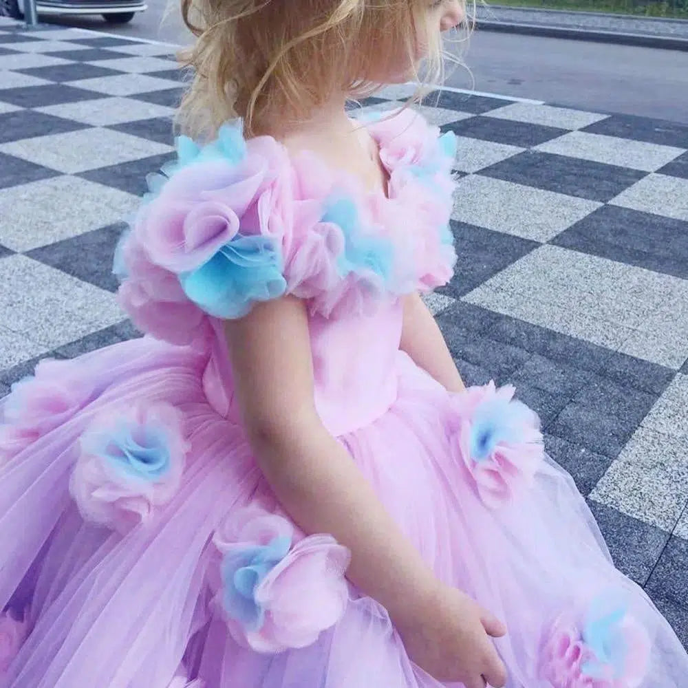 knee length mesh flower gown for girls trailing baby girl birthday dresses  – Inayah Fashion Boutique