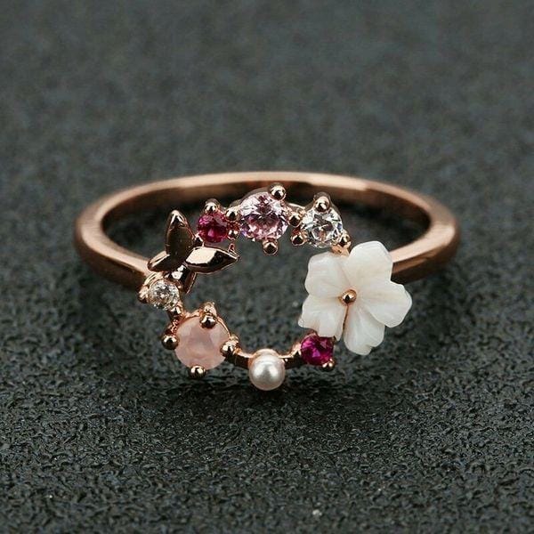 Flowers Crystal Rings Ladies Rose Gold Zircon Jewelry BENNYS 
