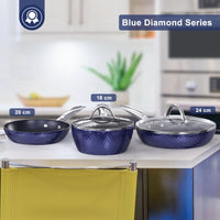 Frying Pan Sets Non Stick 3Pieces Blue 3D Diamond Cookware BENNYS 