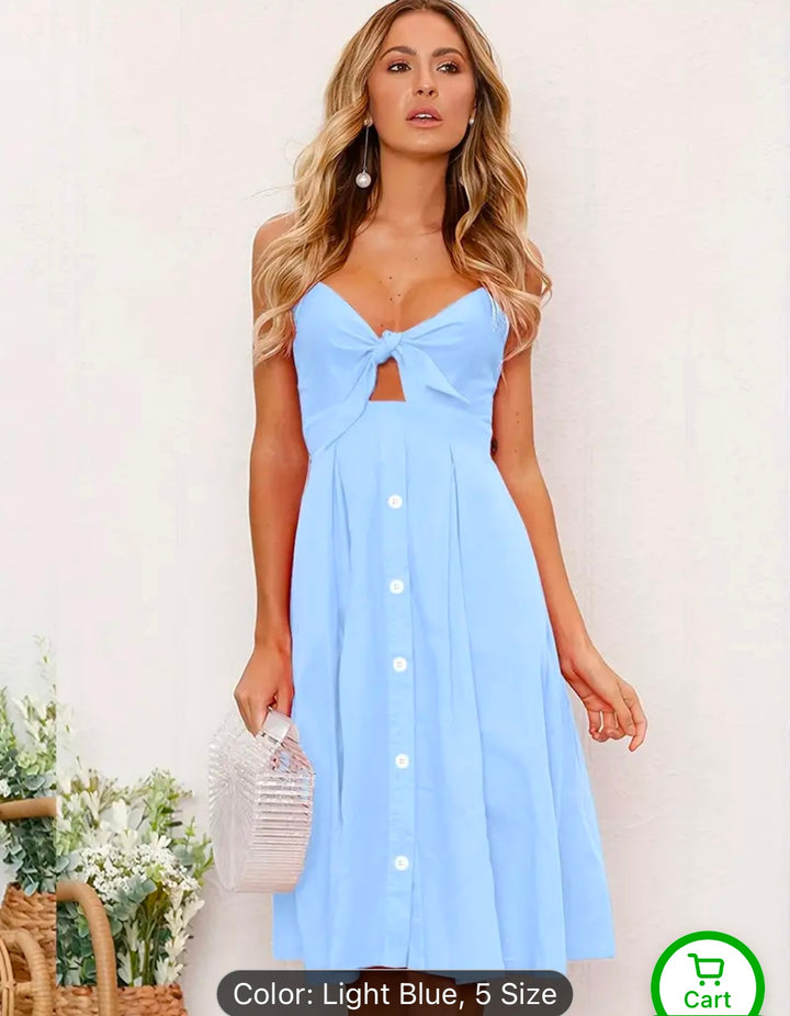 Buttoned Bow Back Sexy Strap Dress