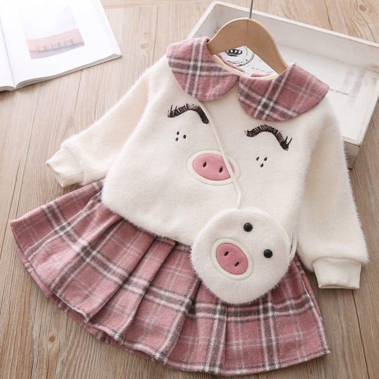 Girls Piggy Sweater Plaid Skirt Suit BENNYS 