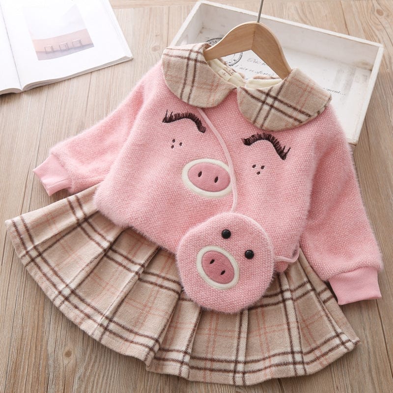 Girls Piggy Sweater Plaid Skirt Suit BENNYS 