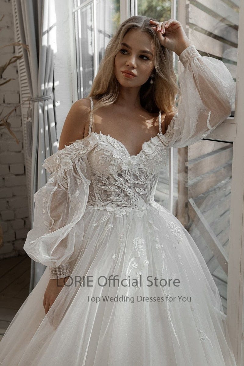 Glitter Wedding Dresses Puff Sleeve 3D Flowers Wedding Dress BENNYS 