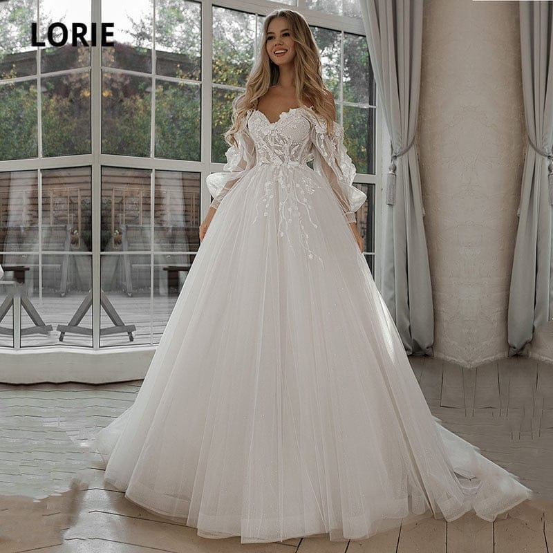 Glitter Wedding Dresses Puff Sleeve 3D Flowers Wedding Dress BENNYS 