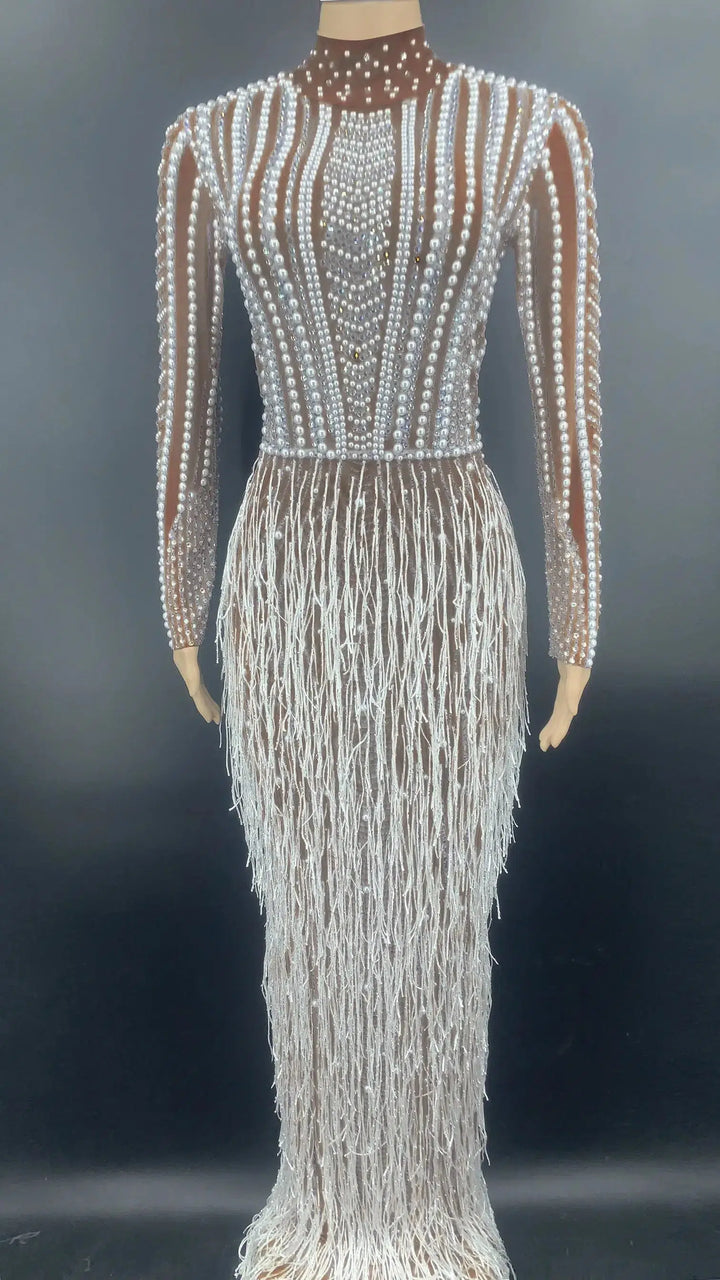 Silver Rhinestone Pearl Fringe Long Dress-Dresses-Bennys Beauty World