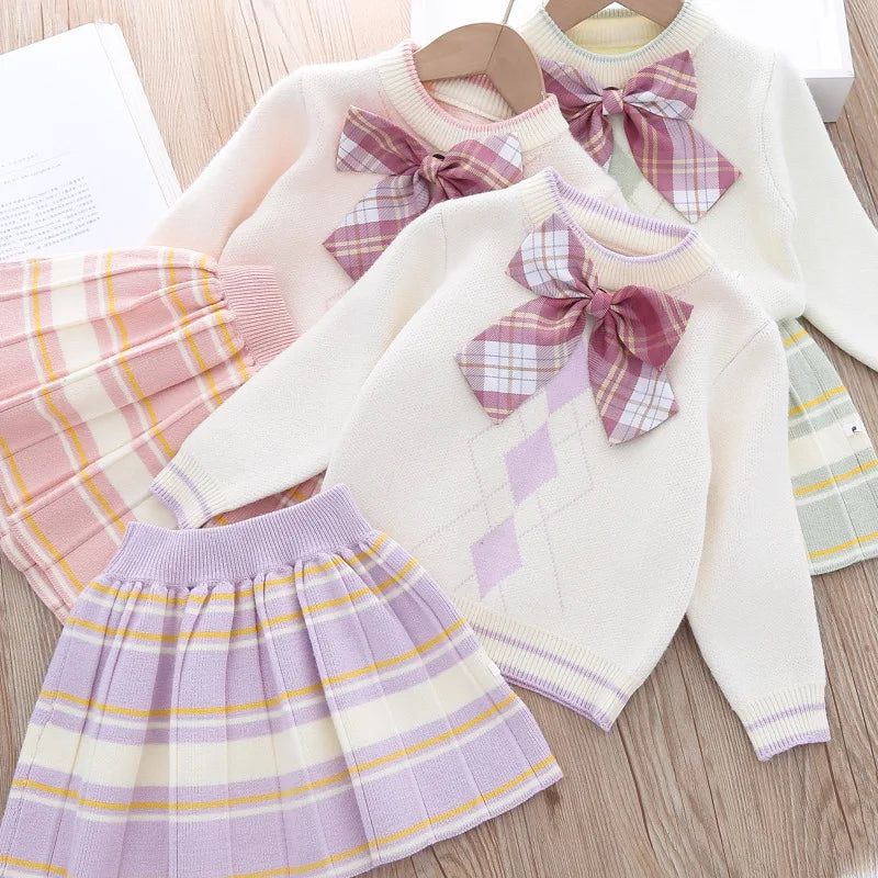 Girls Bowknot Plaid Short Skirt Two-Piece Set-Bennys Beauty World