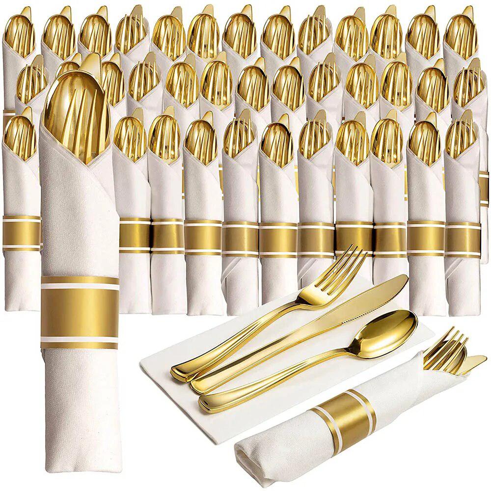 40 Pieces of Pre-Rolled Golden Plastic Silverware-Tableware-Arlik interiors