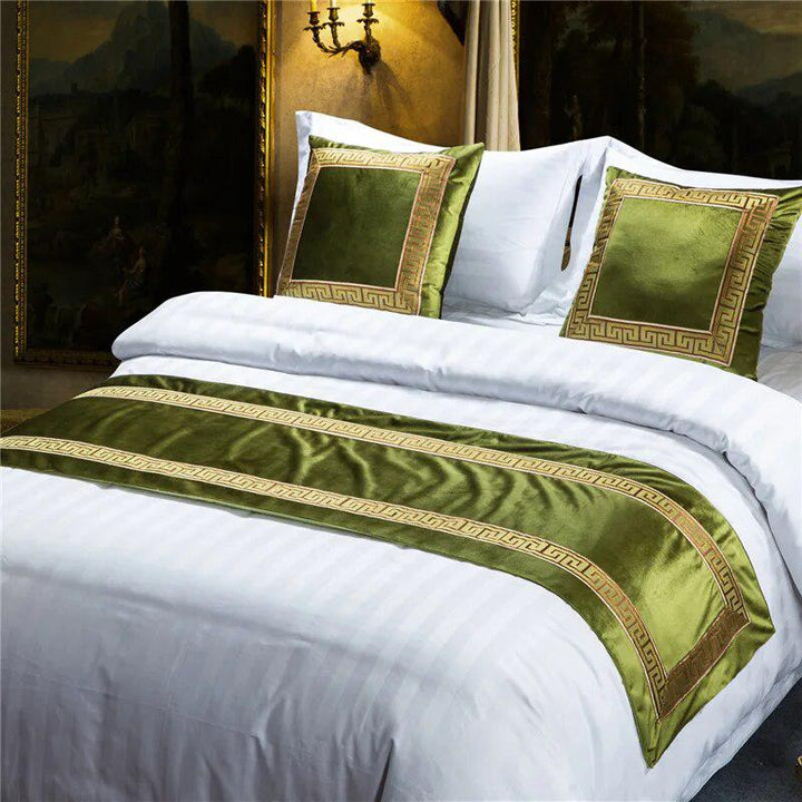 High-grade Pure Color Embroidery Bed Runners New Chinese Style Velvet Throw Runners Golden Red Bed Flag Covers Pillowcases-Arlik interiors