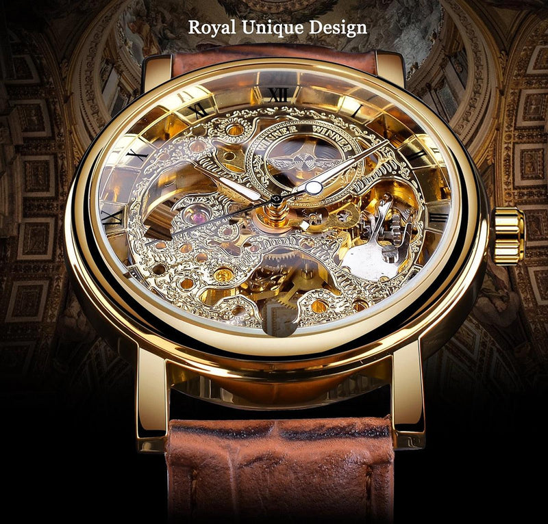 Transparent Golden Case Luxury Casual Design Brown Leather Strap Watch-watch-Bennys Beauty World