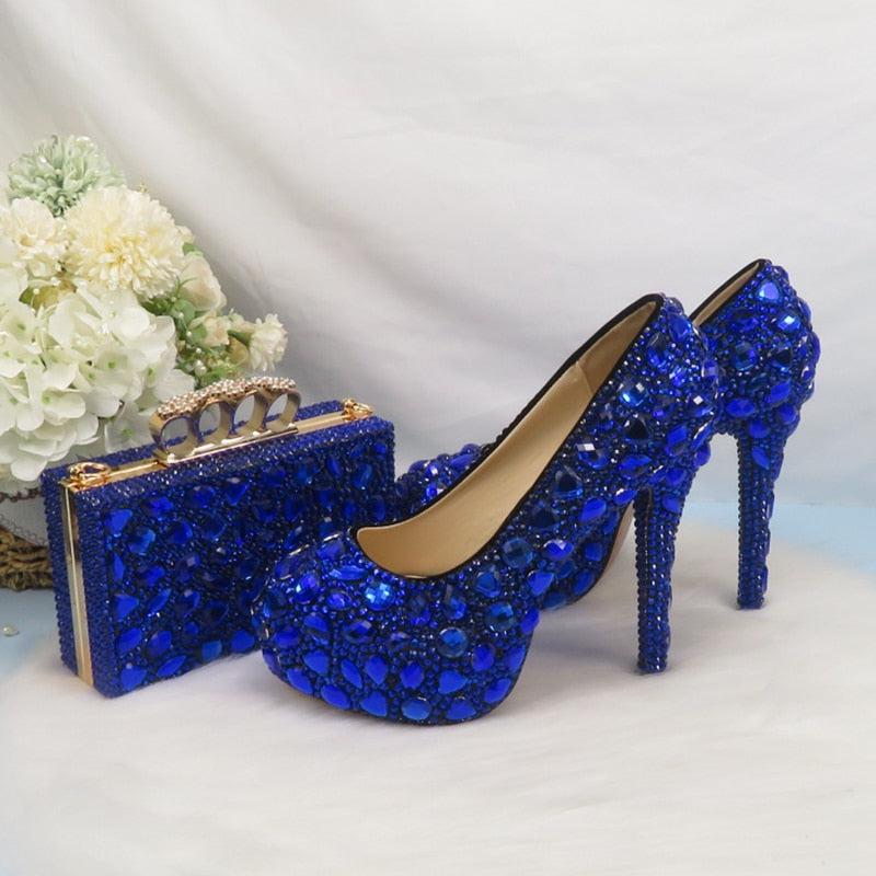 Royal Blue Crystal Bridal Wedding Shoes And Bag Set Bennys