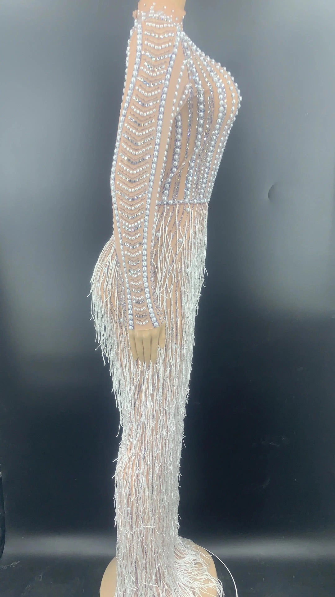 Silver Rhinestone Pearl Fringe Long Dress-Dresses-Bennys Beauty World