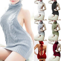 Women Knit Sweater  Backless Turtleneck Sleeveless Pullover