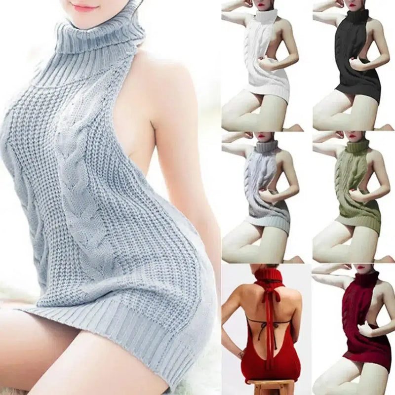 Women Knit Sweater  Backless Turtleneck Sleeveless Pullover