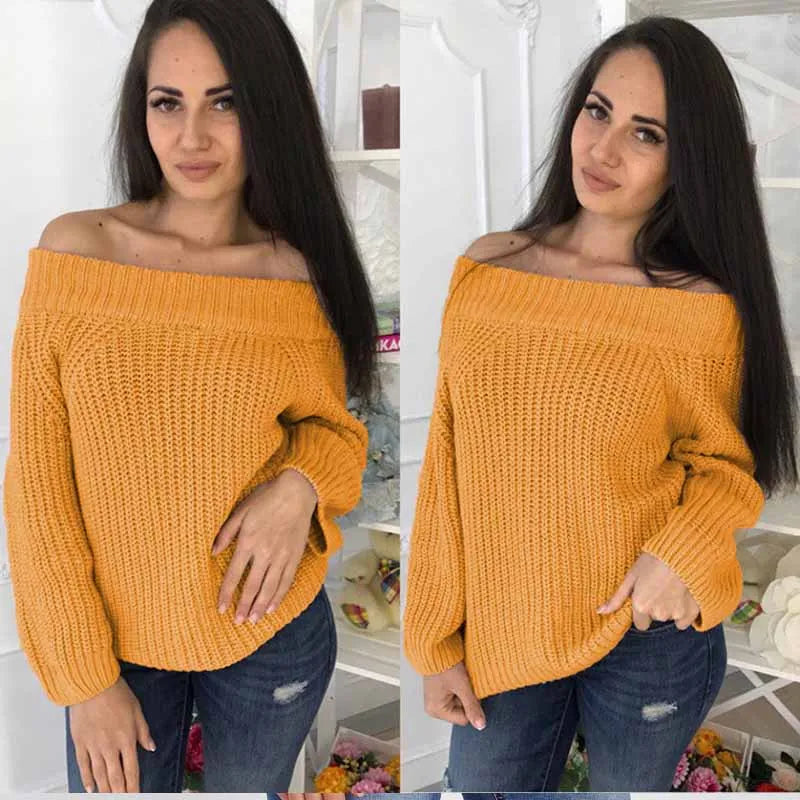 Solid Color Loose V-neck Lantern Sleeve Long Sleeve Sweater