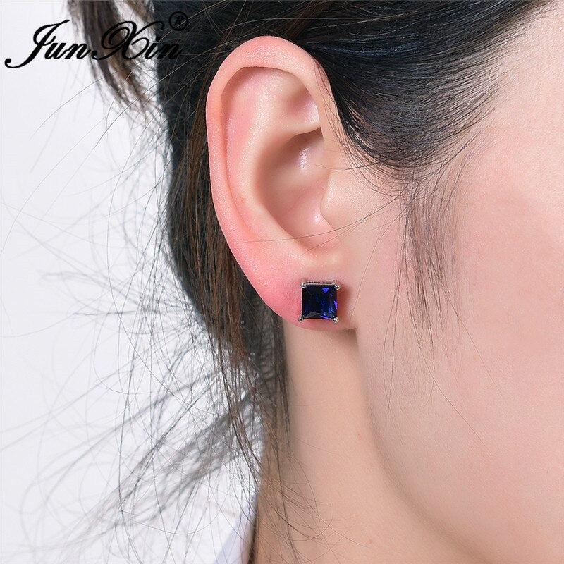 Square Stone Earrings Royal Blue Zircon Crystal Stud Earrings For Women