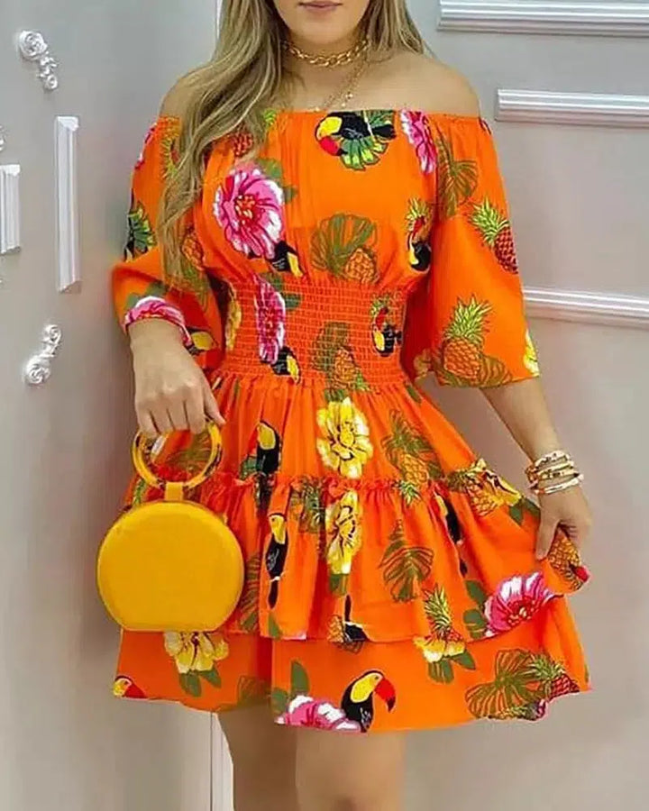 Fashion Elegant Print Off Shoulder Short Sleeve Party Dress-Bennys Beauty World