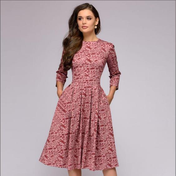 Women Retro Tunic 3/4 Long Sleeved Floral Print Bodycon Dresses-Dress-Bennys Beauty World