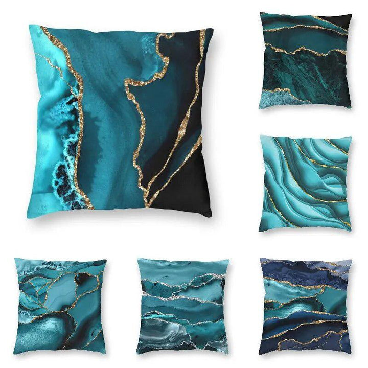 Teal Blue And Gold Hues Marble Agate Cushion Cover-Cushion cover-Arlik interiors