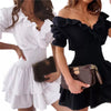 Womens V-Neck Dress Short Puff Sleeve Solid Color Mini Dress-Dress-Bennys Beauty World