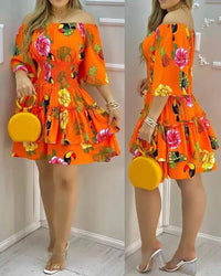 Fashion Elegant Print Off Shoulder Short Sleeve Party Dress-Bennys Beauty World