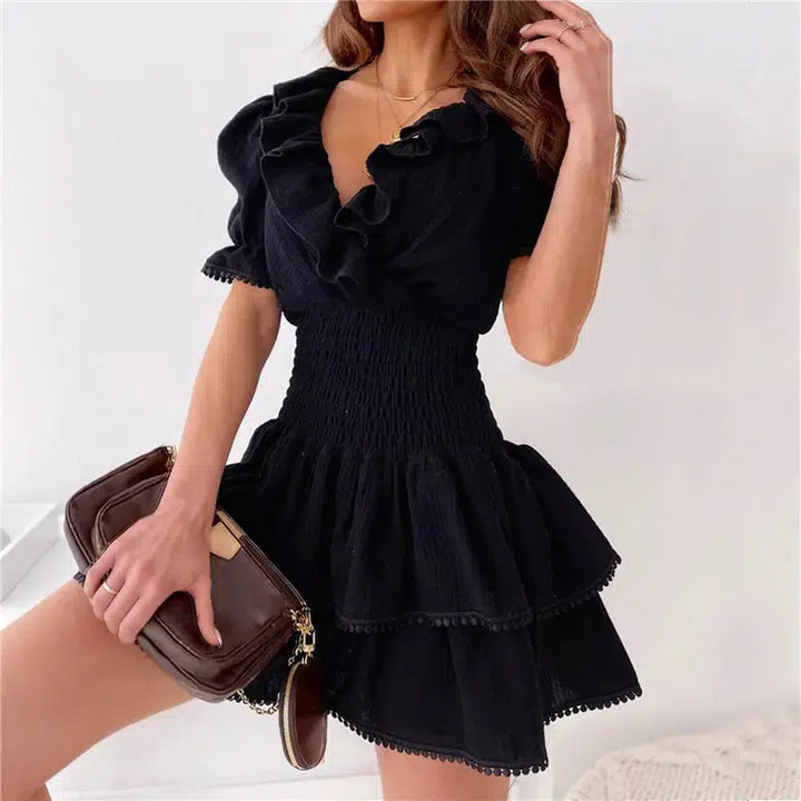 Womens V-Neck Dress Short Puff Sleeve Solid Color Mini Dress-Dress-Bennys Beauty World