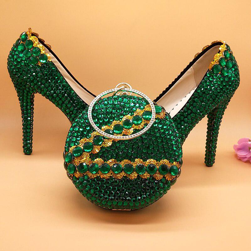 Green crystal Womens Wedding Shoes And Bags Set-Shoes-Bennys Beauty World