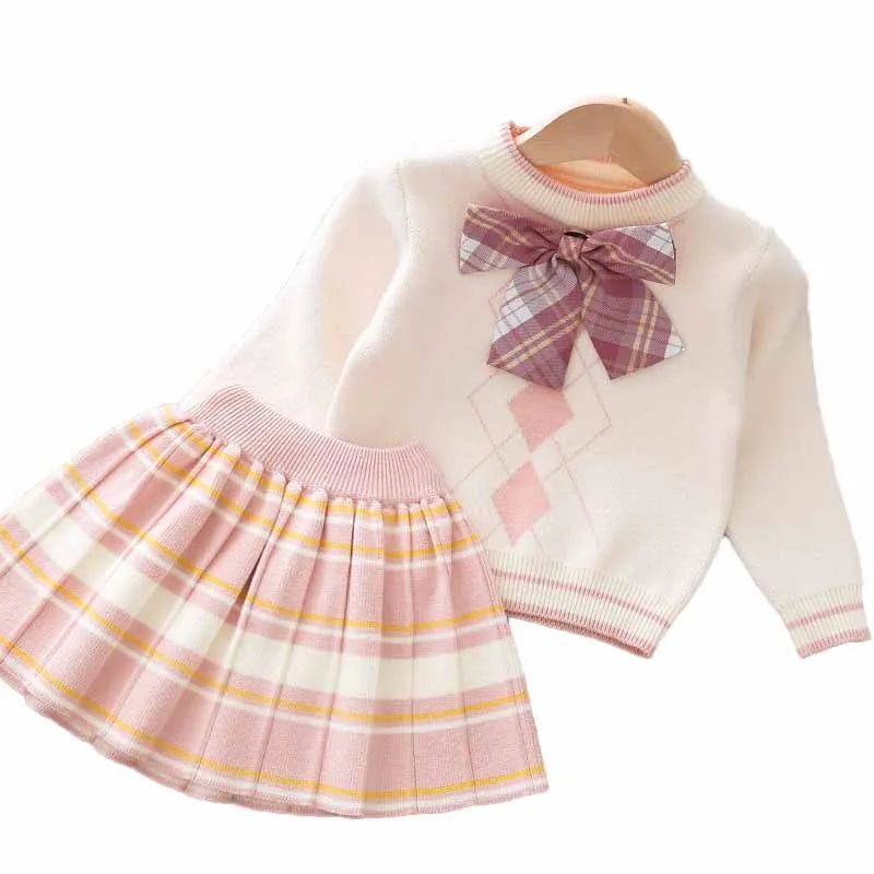 Girls Bowknot Plaid Short Skirt Two-Piece Set-Bennys Beauty World