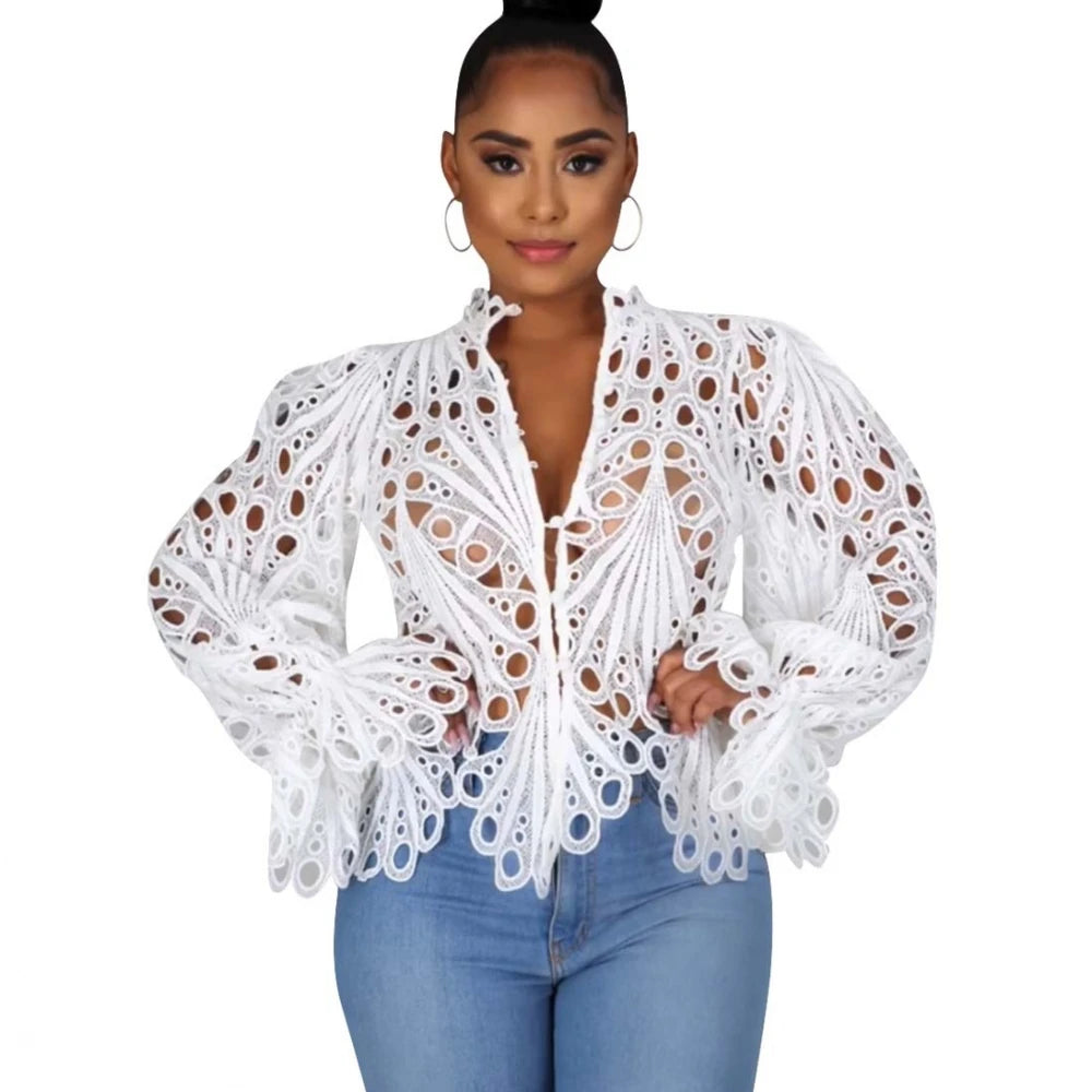 Elegant Long Sleeve Hollow Out Mesh Lace Blouse