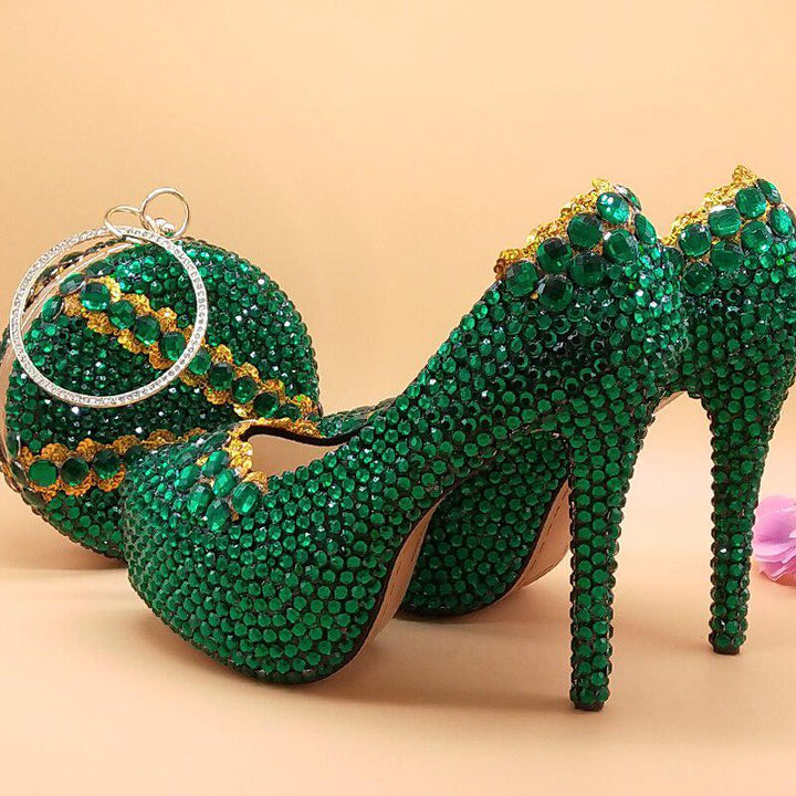 Green crystal Womens Wedding Shoes And Bags Set-Shoes-Bennys Beauty World