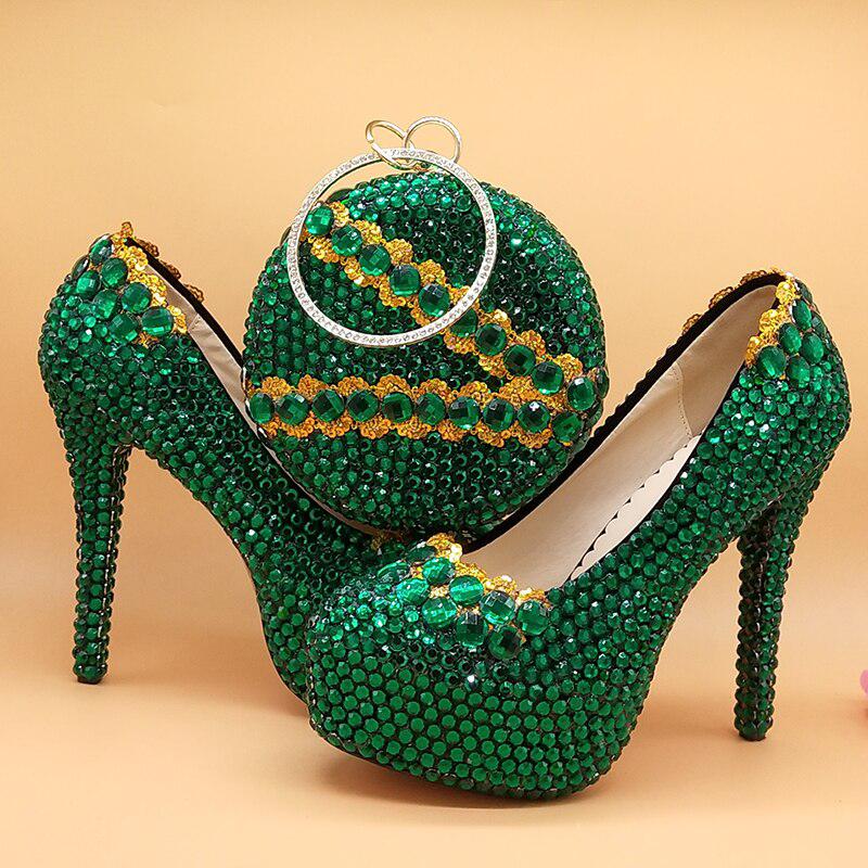 Green crystal Womens Wedding Shoes And Bags Set-Shoes-Bennys Beauty World