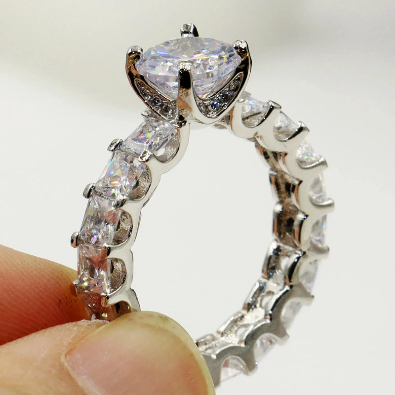 2pcs 925 Sterling Silver Princess 5A Cubic Zirconia Party Women Wedding Bridal Ring Set