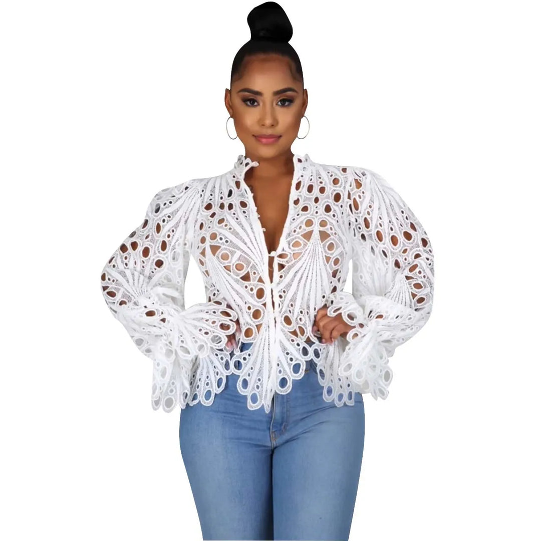 Elegant Long Sleeve Hollow Out Mesh Lace Blouse