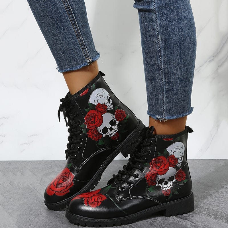 Halloween Shoes Rose Flower Print Lace-up Ankle Boots Women BENNYS 