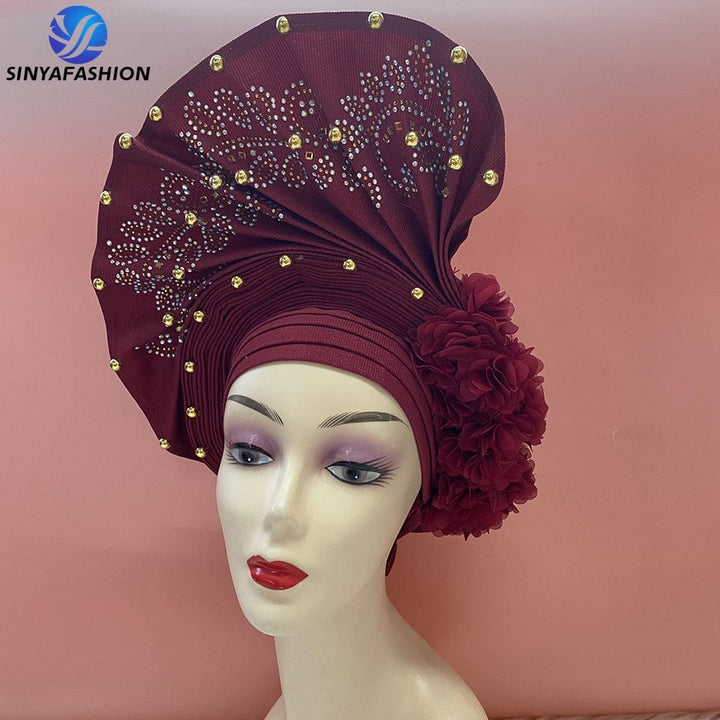 Handmade Beautiful Sinya Auto Gele Headtie Soft Light Ladies Turban Cap For Party Occasion High Quality Material BENNYS 