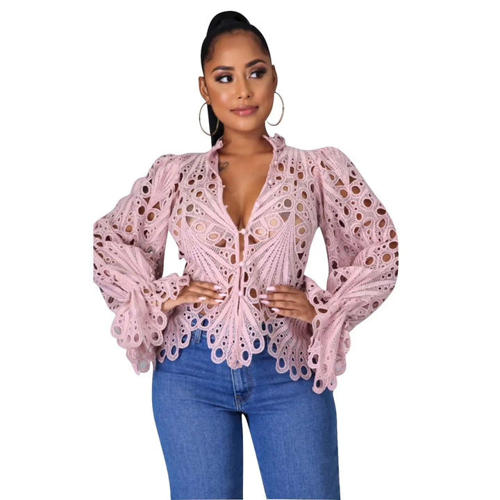 Elegant Long Sleeve Hollow Out Mesh Lace Blouse