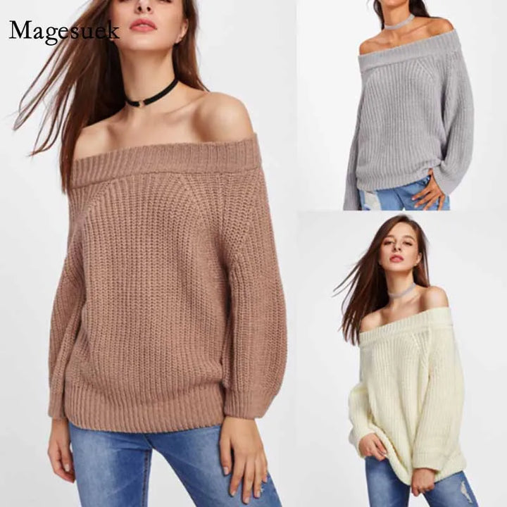 Solid Color Loose V-neck Lantern Sleeve Long Sleeve Sweater