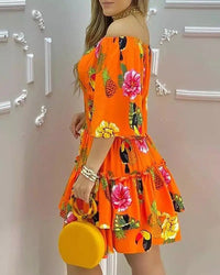 Fashion Elegant Print Off Shoulder Short Sleeve Party Dress-Bennys Beauty World