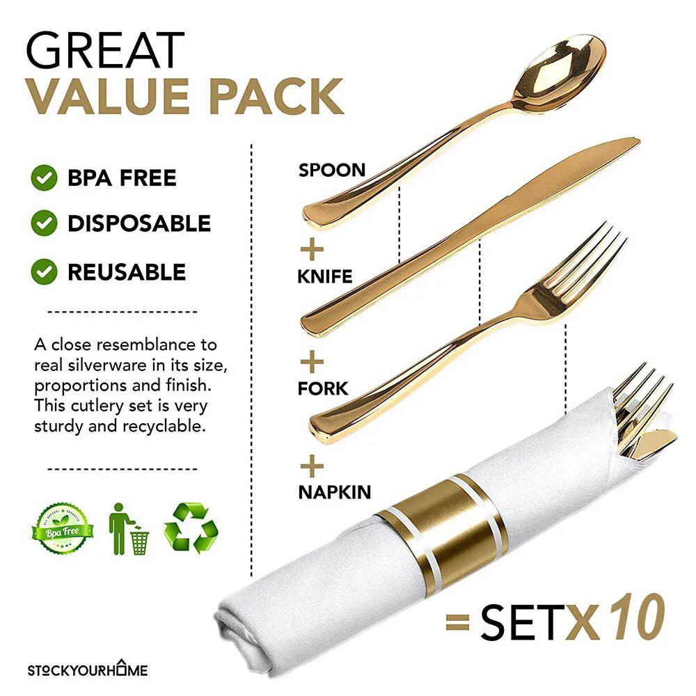 40 Pieces of Pre-Rolled Golden Plastic Silverware-Tableware-Arlik interiors