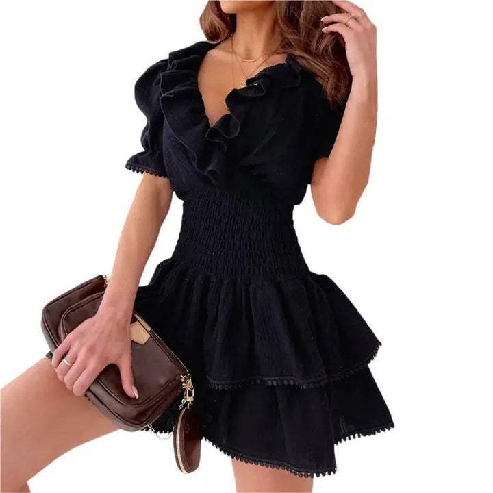 Womens V-Neck Dress Short Puff Sleeve Solid Color Mini Dress-Dress-Bennys Beauty World