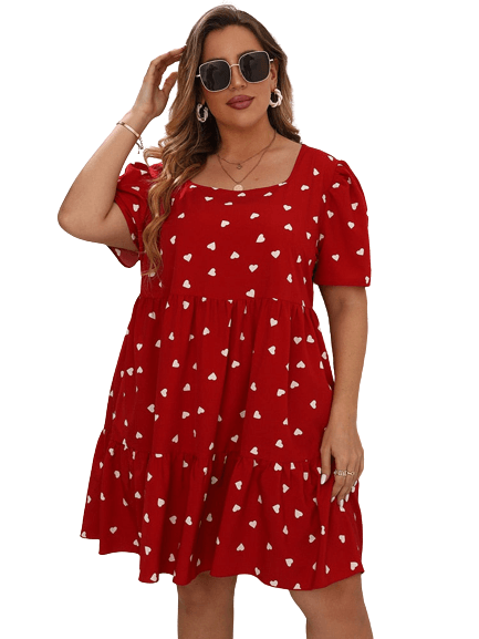 Heart Print Ruffle Hem Dress Plus Size Women Holiday Casual Dress BENNYS 