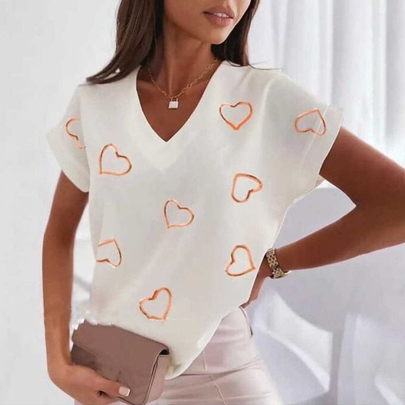 Heart Print Women T-Shirt Ladies Casual Basis V-Collar White Shirt BENNYS 