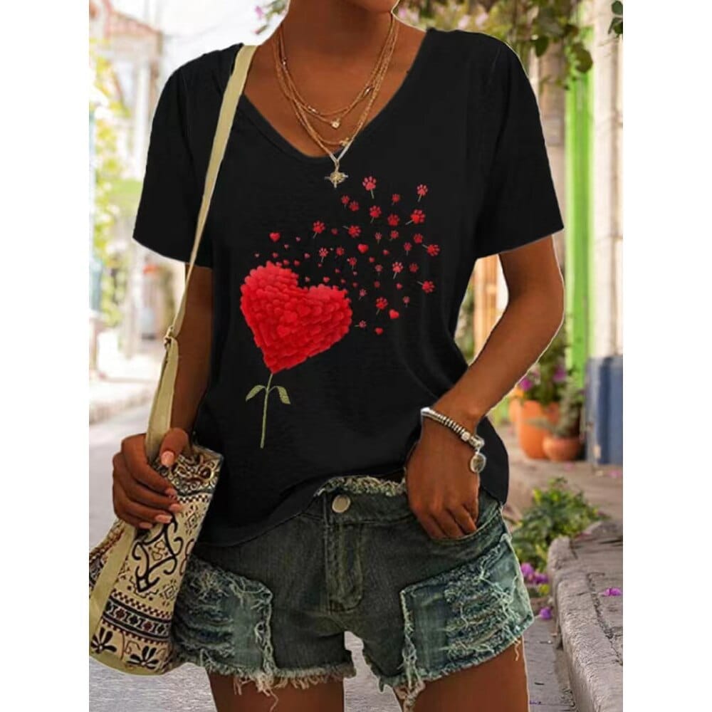 Heart Print Women T-Shirt Ladies Casual Basis V-Collar White Shirt BENNYS 