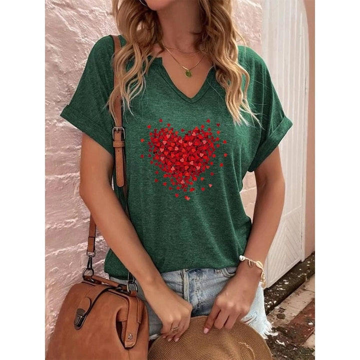 Heart Print Women T-Shirt Ladies Casual Basis V-Collar White Shirt BENNYS 