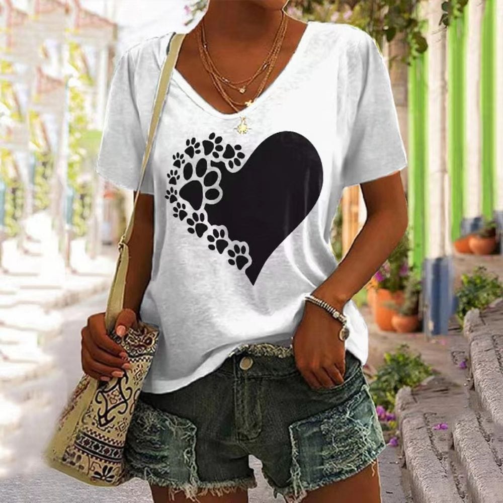 Heart Print Women T-Shirt Ladies Casual Basis V-Collar White Shirt BENNYS 