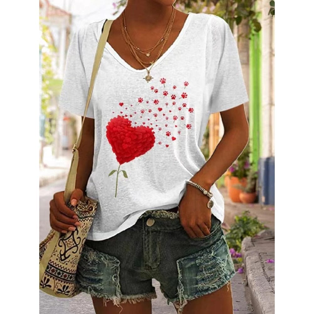 Heart Print Women T-Shirt Ladies Casual Basis V-Collar White Shirt BENNYS 