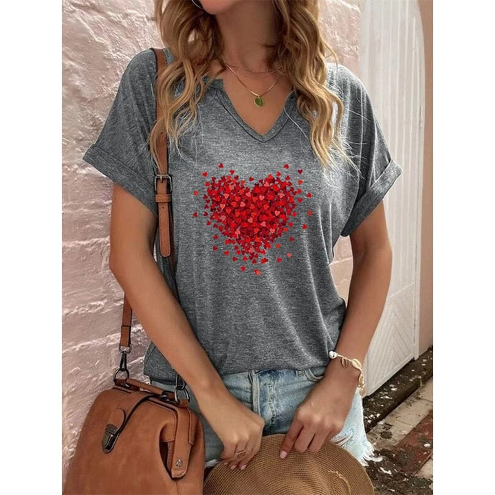 Heart Print Women T-Shirt Ladies Casual Basis V-Collar White Shirt BENNYS 