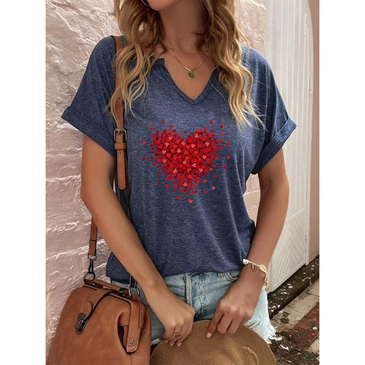 Heart Print Women T-Shirt Ladies Casual Basis V-Collar White Shirt BENNYS 