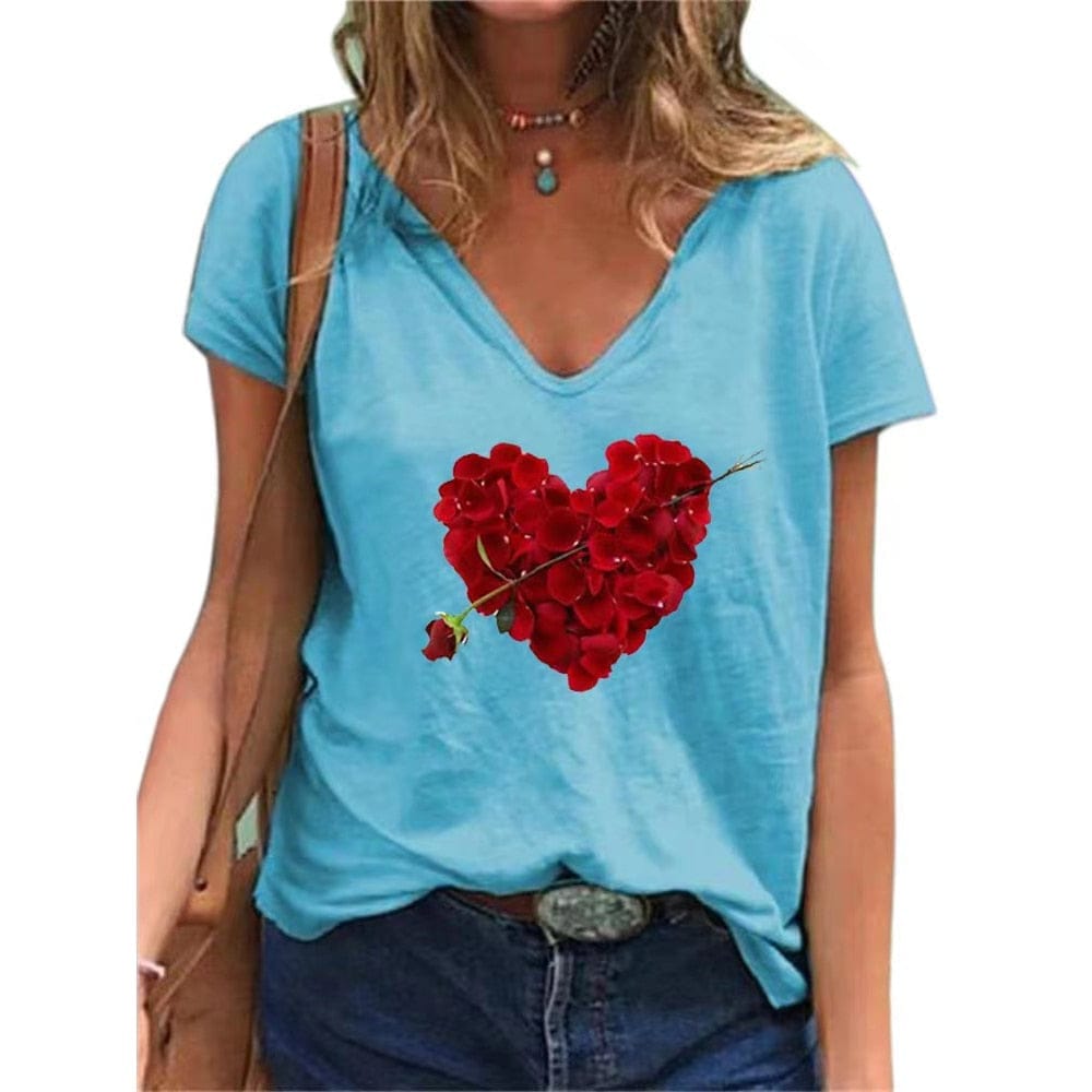 Heart Print Women T-Shirt Ladies Casual Basis V-Collar White Shirt BENNYS 