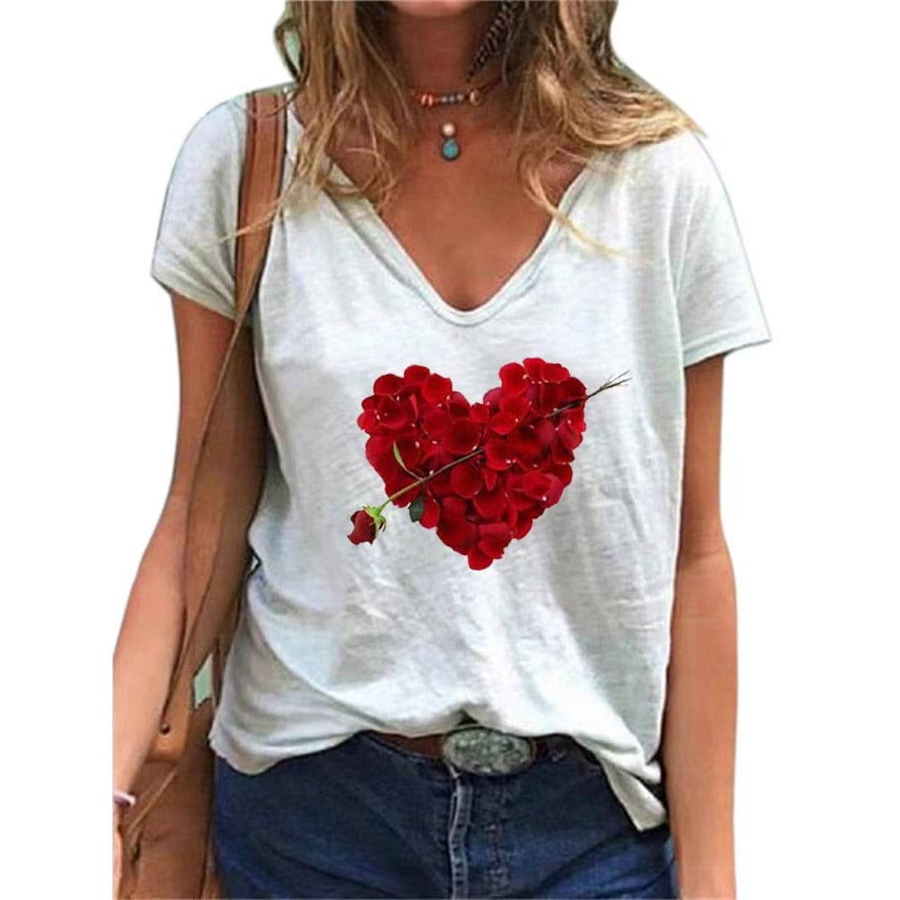 Heart Print Women T-Shirt Ladies Casual Basis V-Collar White Shirt BENNYS 