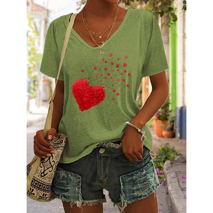 Heart Print Women T-Shirt Ladies Casual Basis V-Collar White Shirt BENNYS 